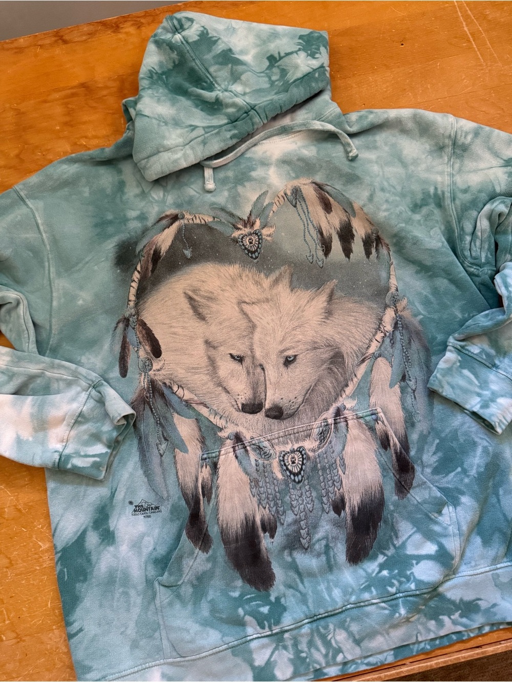 The Mountain Wolf Hoodie Large Teal Tie Dye Dreamcatcher Graphic Sweatshirt